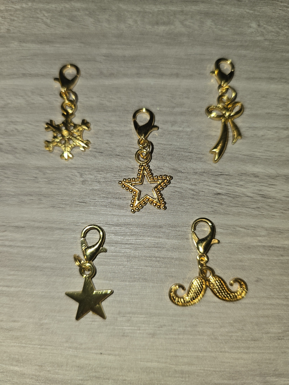 Gold Charm Set of Five - Stars, Snowflake, Bow, and Mustache - Brand New!